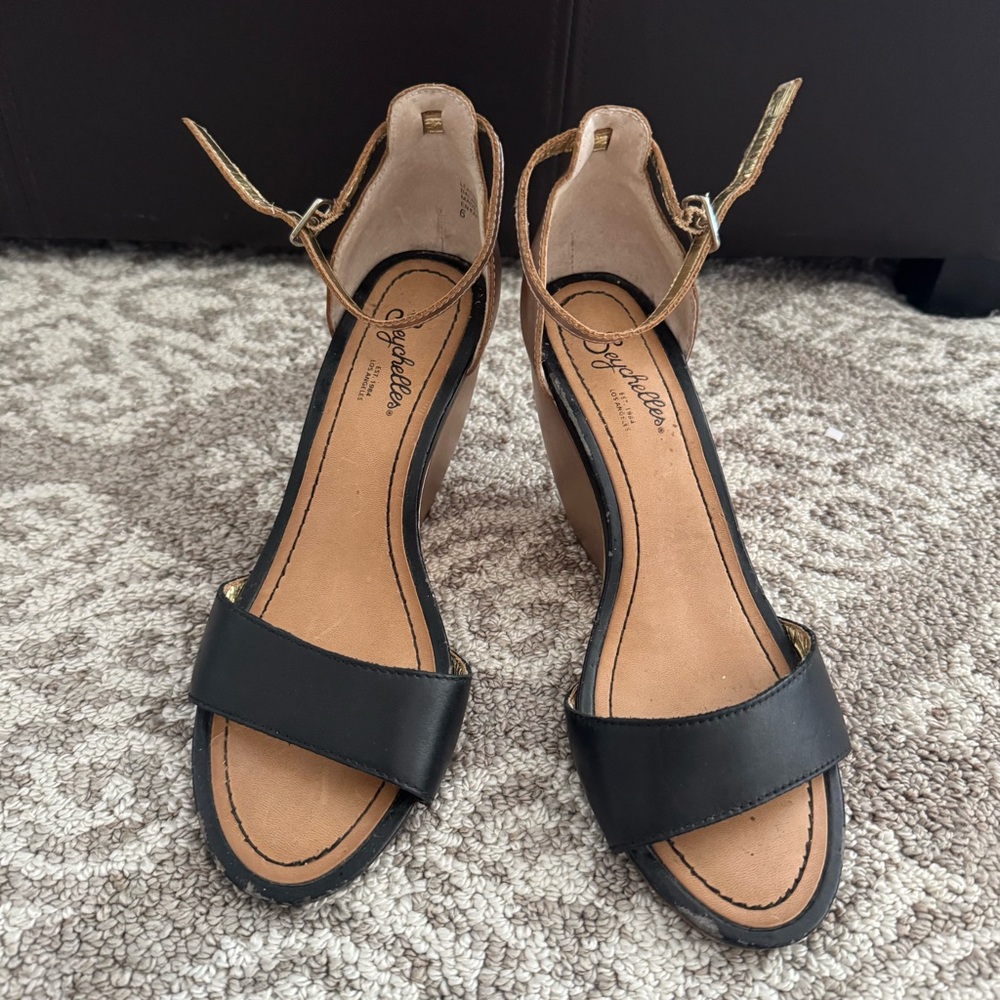 Seychelles Black & Gold Wedges with Ankle Strap, 6